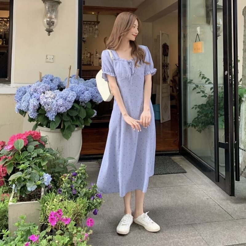 サマースカート スタンダードロングスリーブフローラルドレス レトロ 夏物 花柄 フラワーデザイン パープル スクウェア YY-ファッション24136128773