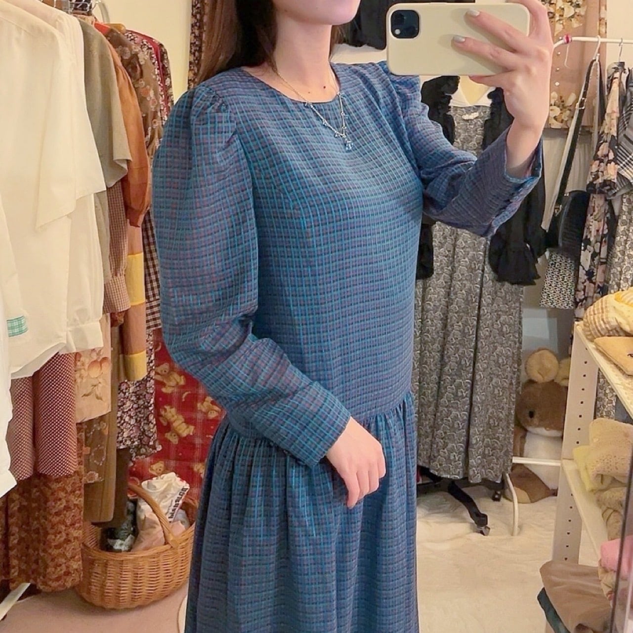 blue pink check low waist one-piece