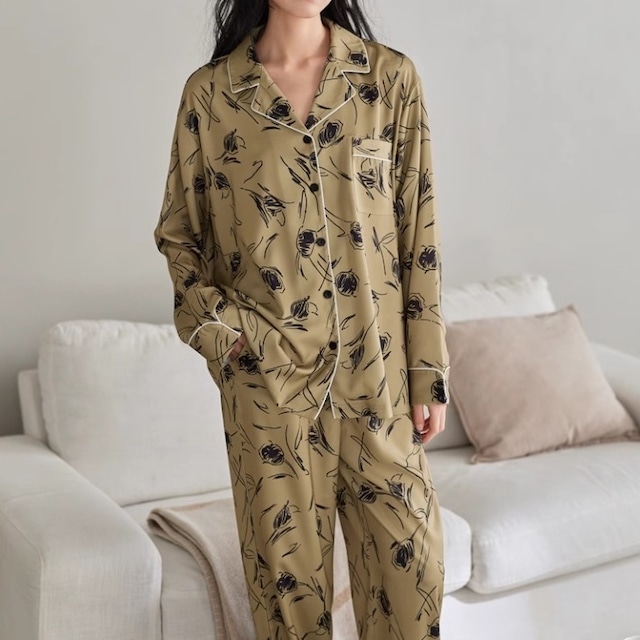 【M-XL】monotone flower pattern cardigan style pajamas p1160