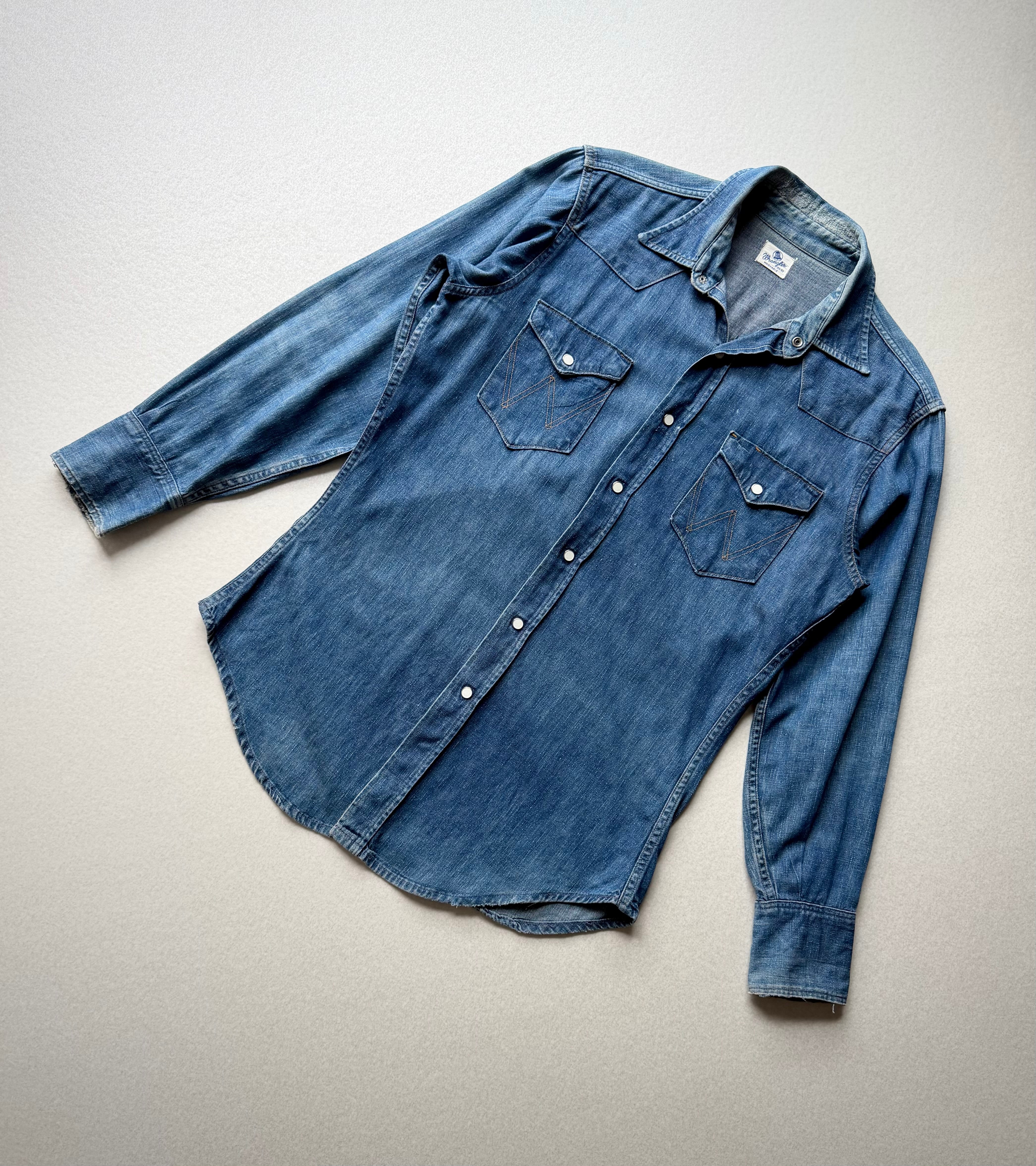 70s USA製 Wrangler ウエスタンデニムシャツ 27MWグランジ M 60s USA製 “ WRANGLER ” 27MW BELL-TAG DENIM WESTERN SHIRT VINTAGE