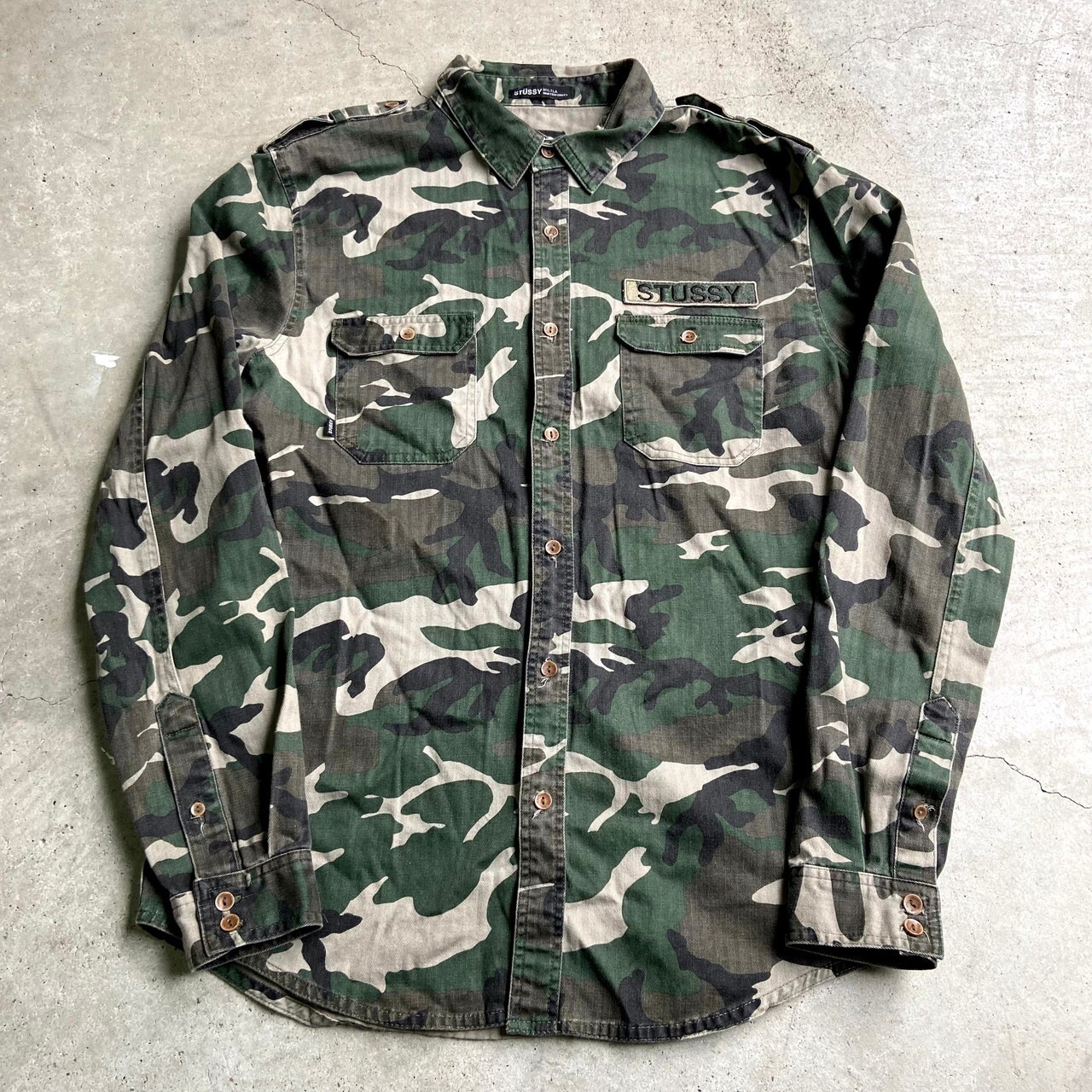 STUSSY ステューシー 迷彩柄 ヘリンボーンツイル ミリタリーシャツ 