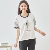 TRUBE レディースイラストボーダー袖Tシャツ【M~L】ホワイト