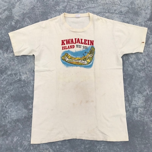 60's 70's KWAJALEIN ISLAND TEST SITE 染み込みプリント クェゼリン環礁 Tシャツ 希少 イエロー 米軍 マーシャル諸島 ヴィンテージ