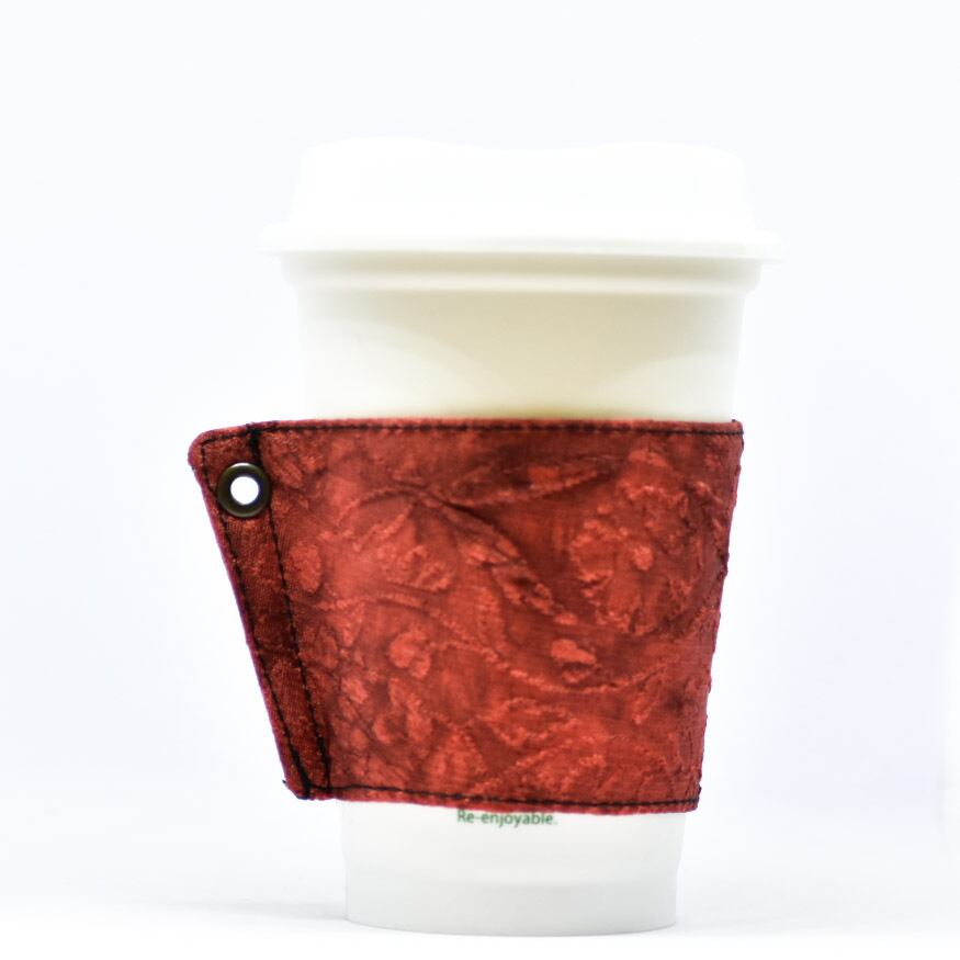 帯 カップスリーブ コーヒースリーブ リメイク 日本製 赤 花柄 地獄模様 - cup sleeve