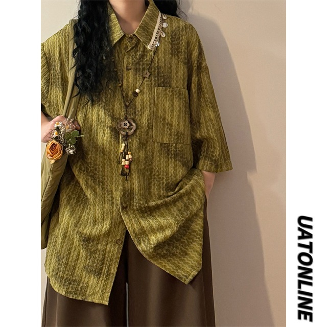 【UATONLINEシリーズ】★シャツ★ 2color ネックレス付き 半袖シャツ トップス ユニセックス エスニック風