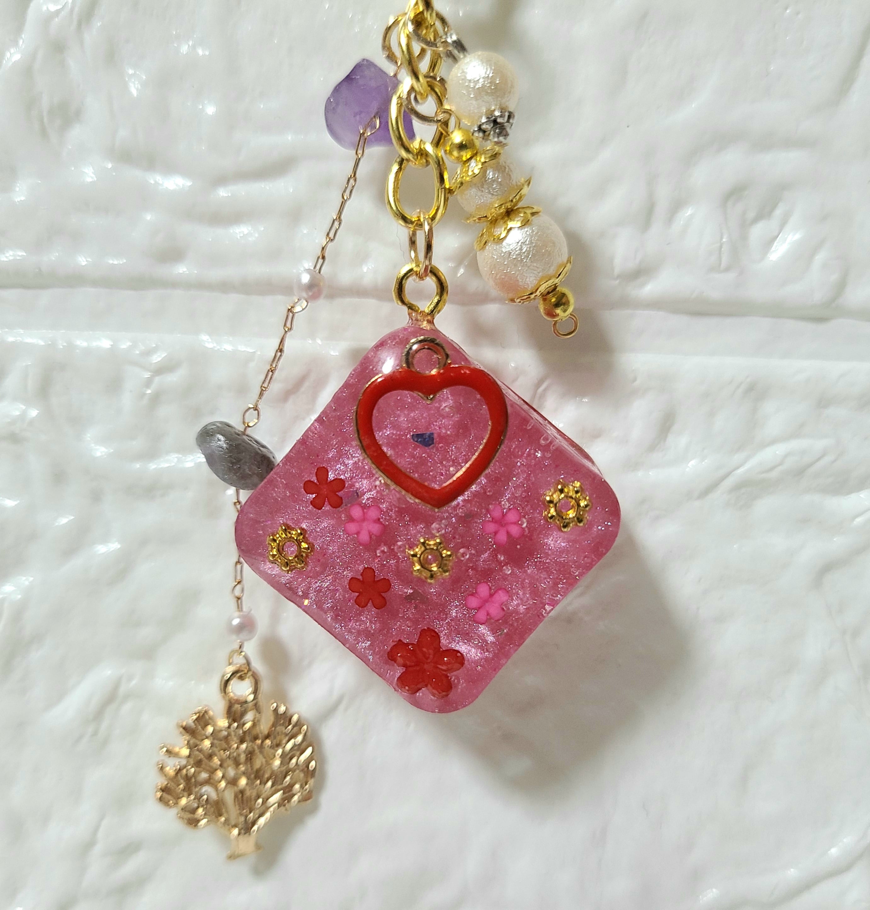 ハンドメイドチャームストラップキーホルダーローズ柄ハート