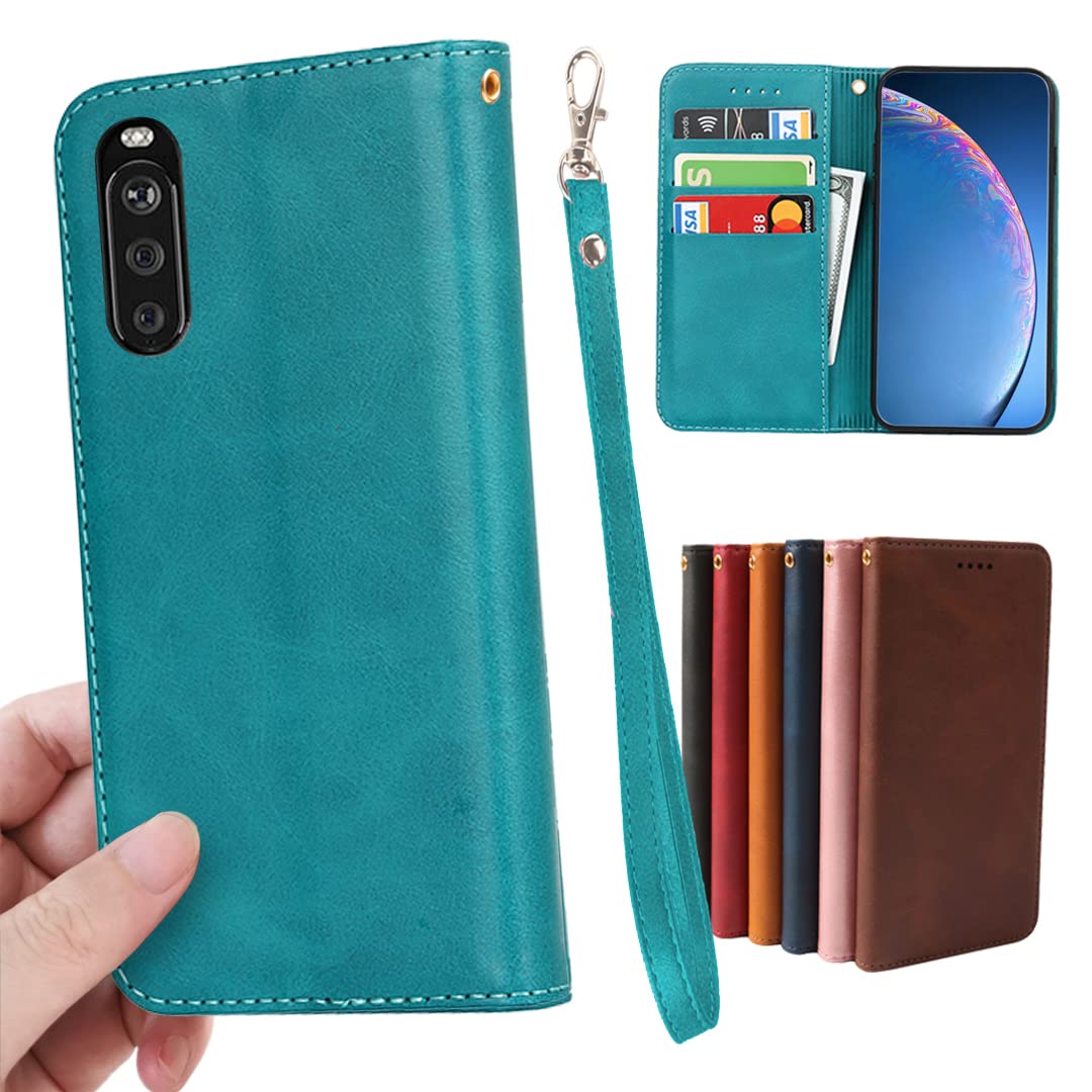GOKIGIOD 適用 Xperia 10 II SOV43 SO-41A ケース 手帳型 PUレザー ストラップ 同梱 カード収納 スタンド機能 耐衝撃 A001SO 全適用 Xperia 10 2 スマホケース 手帳 エクスぺリア 10 II case カバー 財布型 内蔵マグネット 弱磁 ストラップホール 携帯カバー レトロ ターコイズ