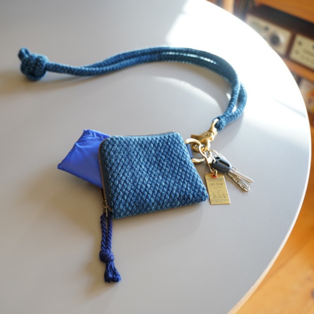 武州正藍染　エコバッグ付きミニ財布（コード付）　二重刺子　ブルー
