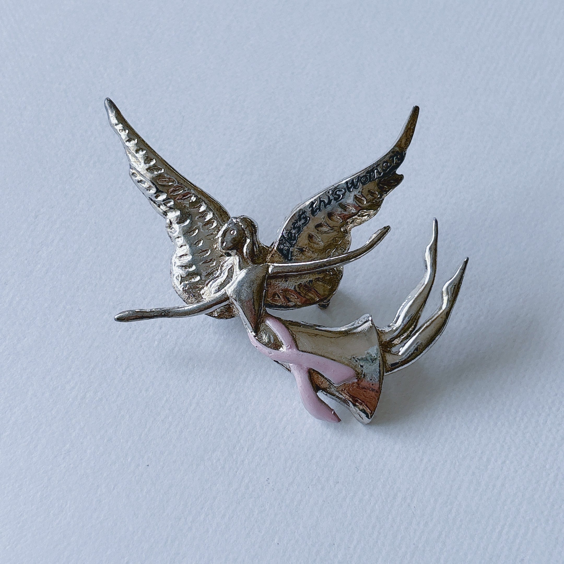 ヒロリン　　　ラリック　ブローチ　アンファンエンジェル Vintage 90s - 00s silver tone angel pink enamel ribbon brooch