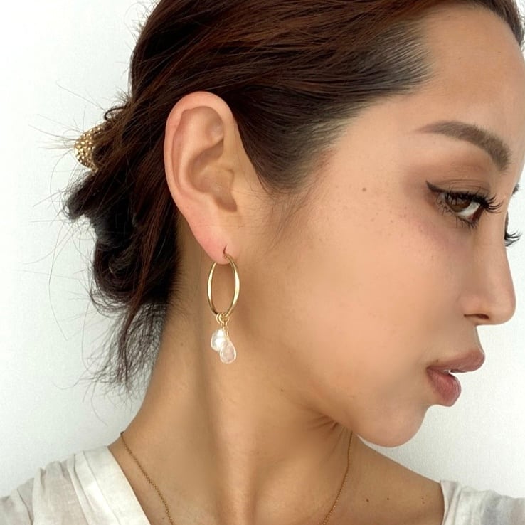 Baroque Pearl & Rose quartz 14KGFフープピアス(4way) チャーム2種