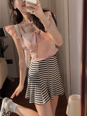 リボンショートトップス D1307