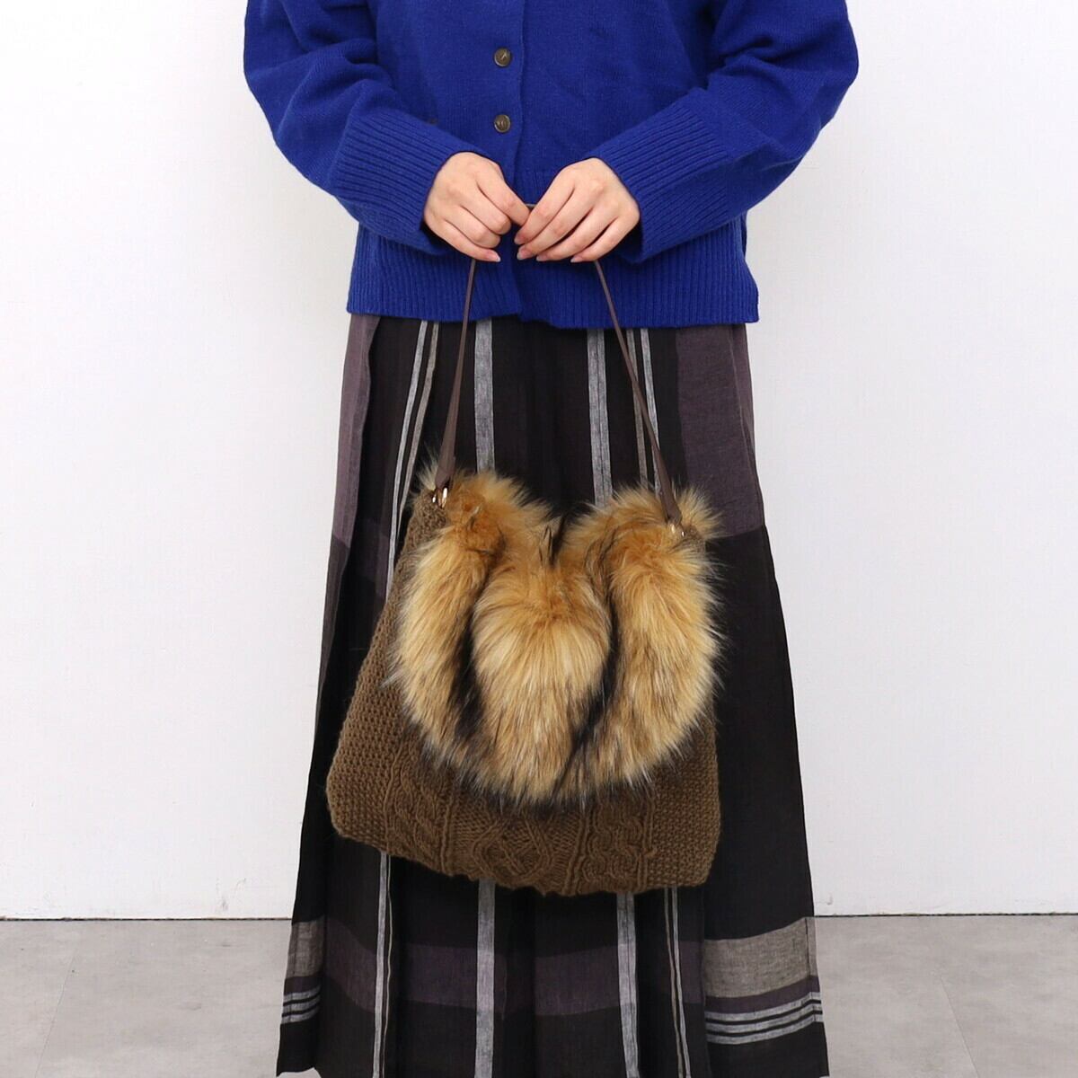 ナナノエル ニットxエコファーワンショルダーバッグ／A4対応 グレー