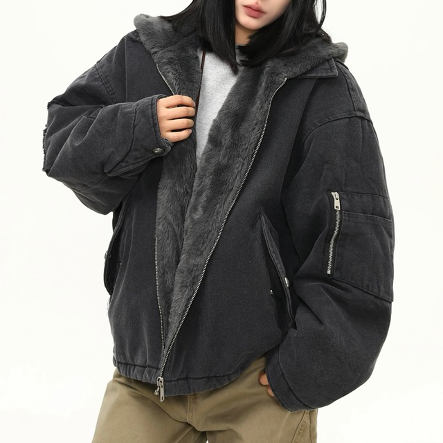 hooded fur design jacket　フード付きファーデザインジャケット　J1552
