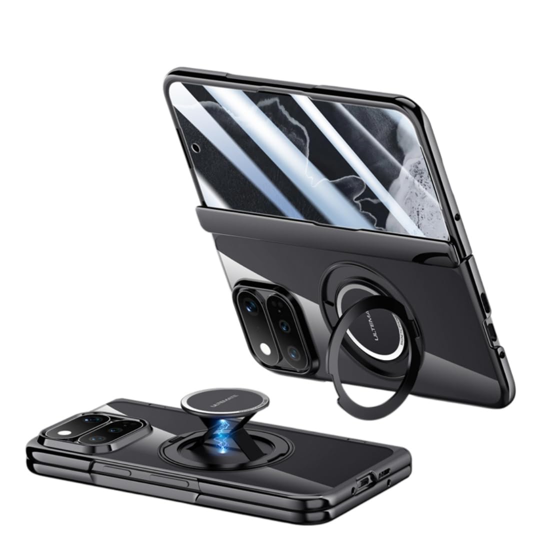 対応 Google Pixel 11 Pro Fold ケース ガラスフィルム付き 透明 360度回転リング 縦置き ワイヤレス充電対応 クリア 全面カバー,ブラック(透明)