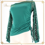社交ダンス 衣装 スタンダード トップス レッスンウェア レディース グリーン系 緑 レース 練習着 長袖 かわいい フォーマル 上品 練習用 レッスン用 ワルツ タンゴ デモ お稽古ウェア グリーン 緑系 深緑 きれいめ 大人かわいい シック 透け感 レース素材 レース袖 レース調 伸縮性 ルーズ感 フィット感 エレガント フォーマルウェア パーティー ステージ衣装 フロントシャーリング かわいいデザイン スタイリッシュ 9号表記なし Mサイズ相当 長袖トップス