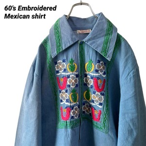 60s ビンテージ　メキシカンシャツ 長袖シャツ　シャンブレー　刺繍　花柄　古着