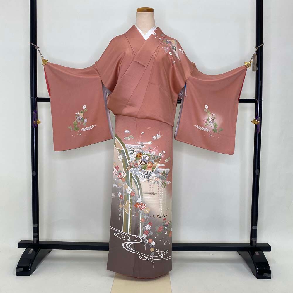 中古 付け下げ 正絹 金彩 附下 古典柄 着物 袷仕立て ピンク（紬の着物 