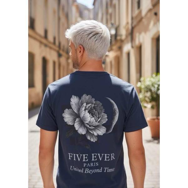 ネイビー フラワープリント 半袖Tシャツ ストレッチ【フランス