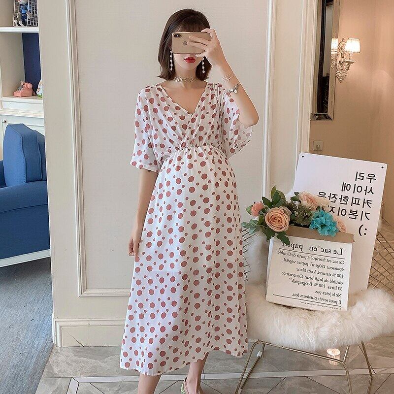 【新作】【送料無料】 夏のVネック水玉ロング妊娠中のドレスコントラストカラーオープンバックストラップマタニティドレス妊娠中の女性 サマー 夏物 AL expec319346723201