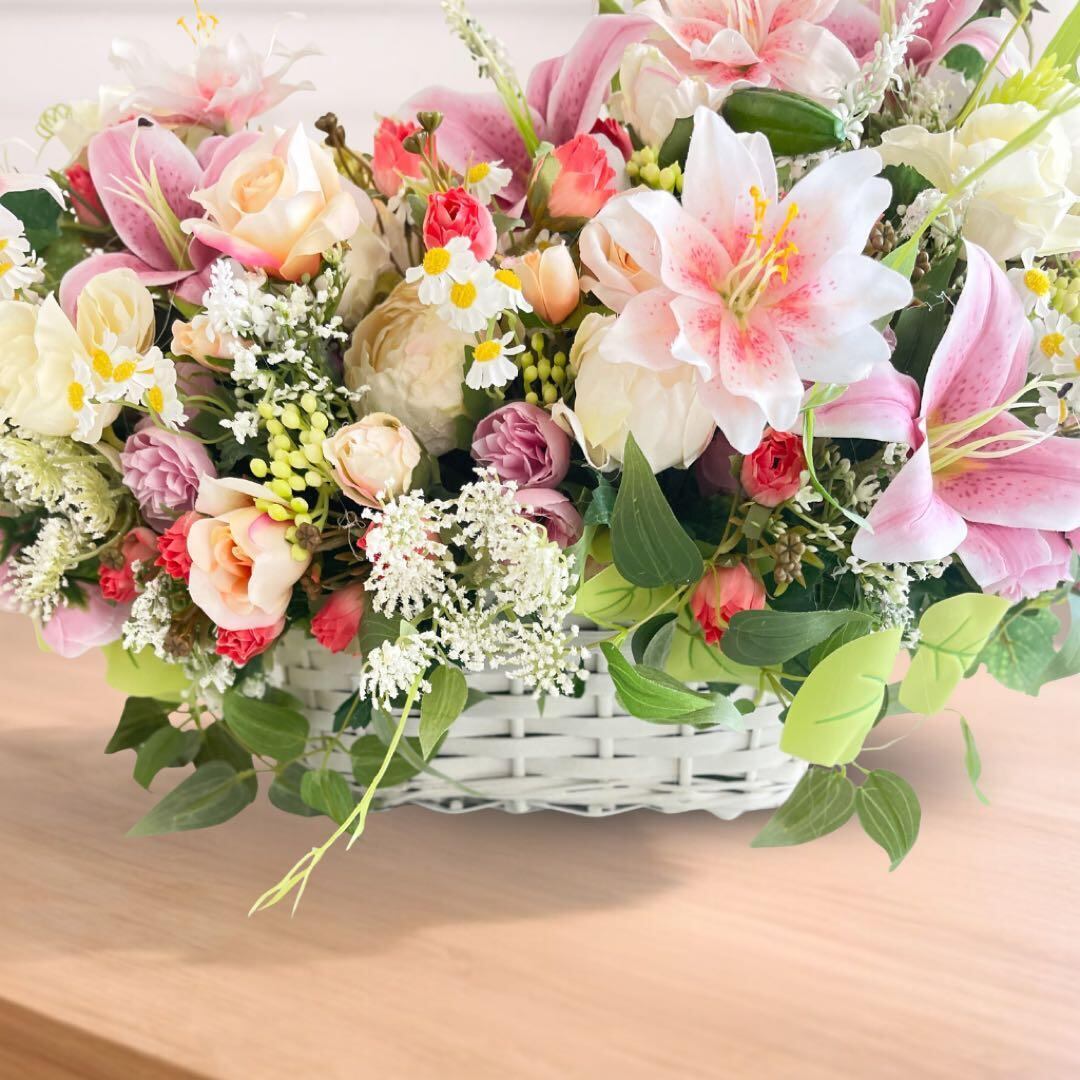 光触媒「至福のプレステージ・バスケット」特大62cm 百合と薔薇 豪華