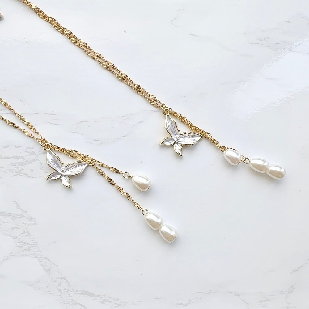 長さ調整2段階バタフライ×パールトップ スクリューチェーンネックレス