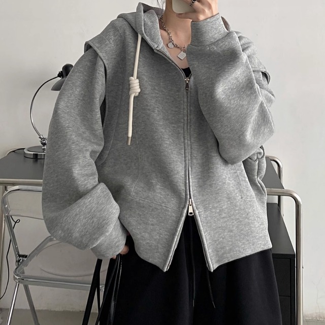 Double zip shoulder tuck hoodie　V1736