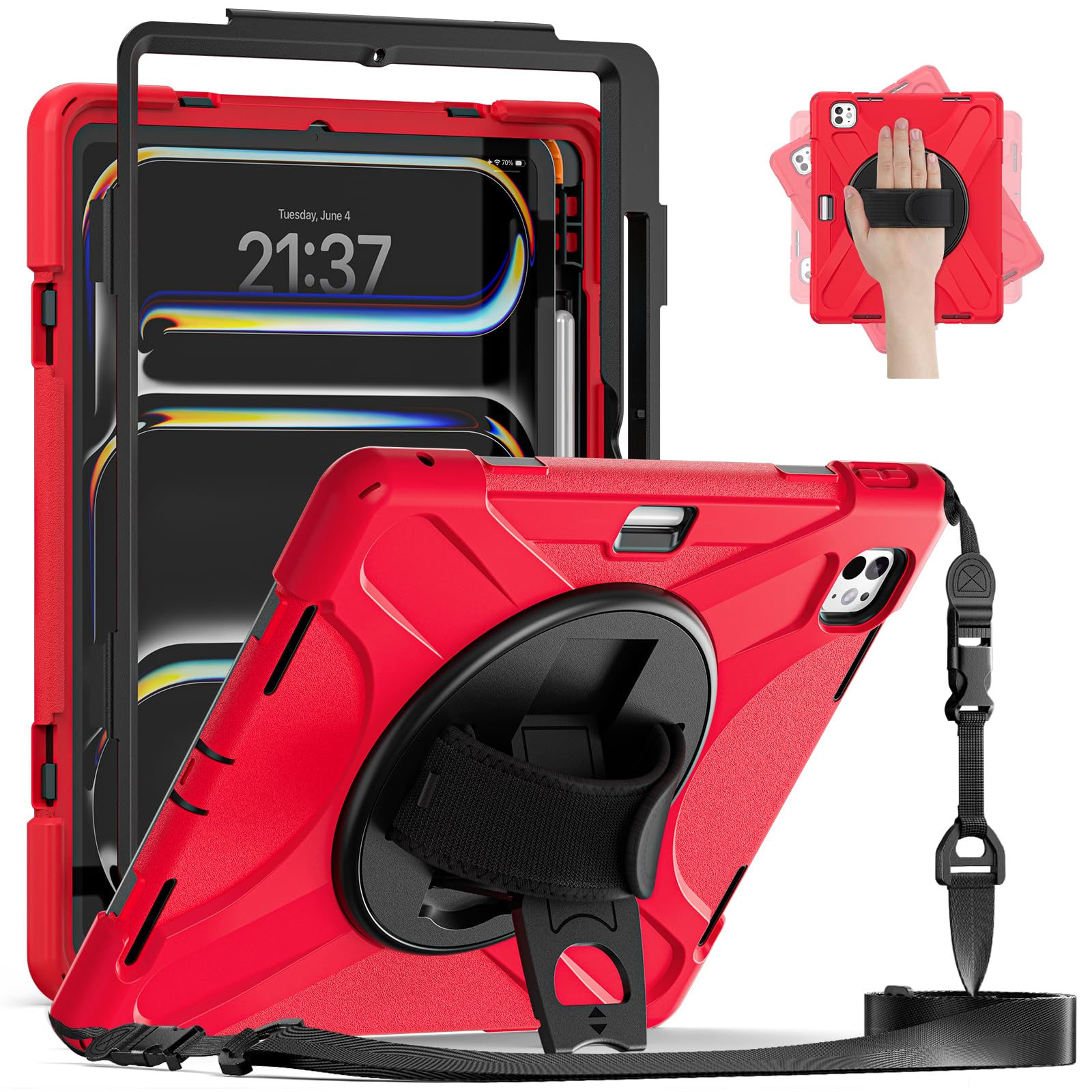 Herize iPad ケース Pro 13インチ M4 (2024、第7世代) 専用 耐久性保護ケース フィルム付き,ペンシルホルダー付きタッチペン収納でき,アイパッドプロ13インチケース2024 耐衝撃カーバ スタンド付き横置き縦置き可能,ハンドストラップ付き 子供用,取り出し可能ショルダーストラップ付き肩掛け首掛け,頑丈 傷防止 (レッド)