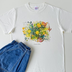 水彩画を着るTシャツ　「新緑と鳥」