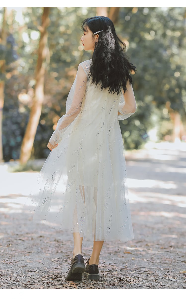 【Leirena】 社交ダンス　レイヤードロングドレス　黒×白　豪華　フェミニン ワンピース レディース フリル シースルードレス バルーン袖 膝丈 ひざ