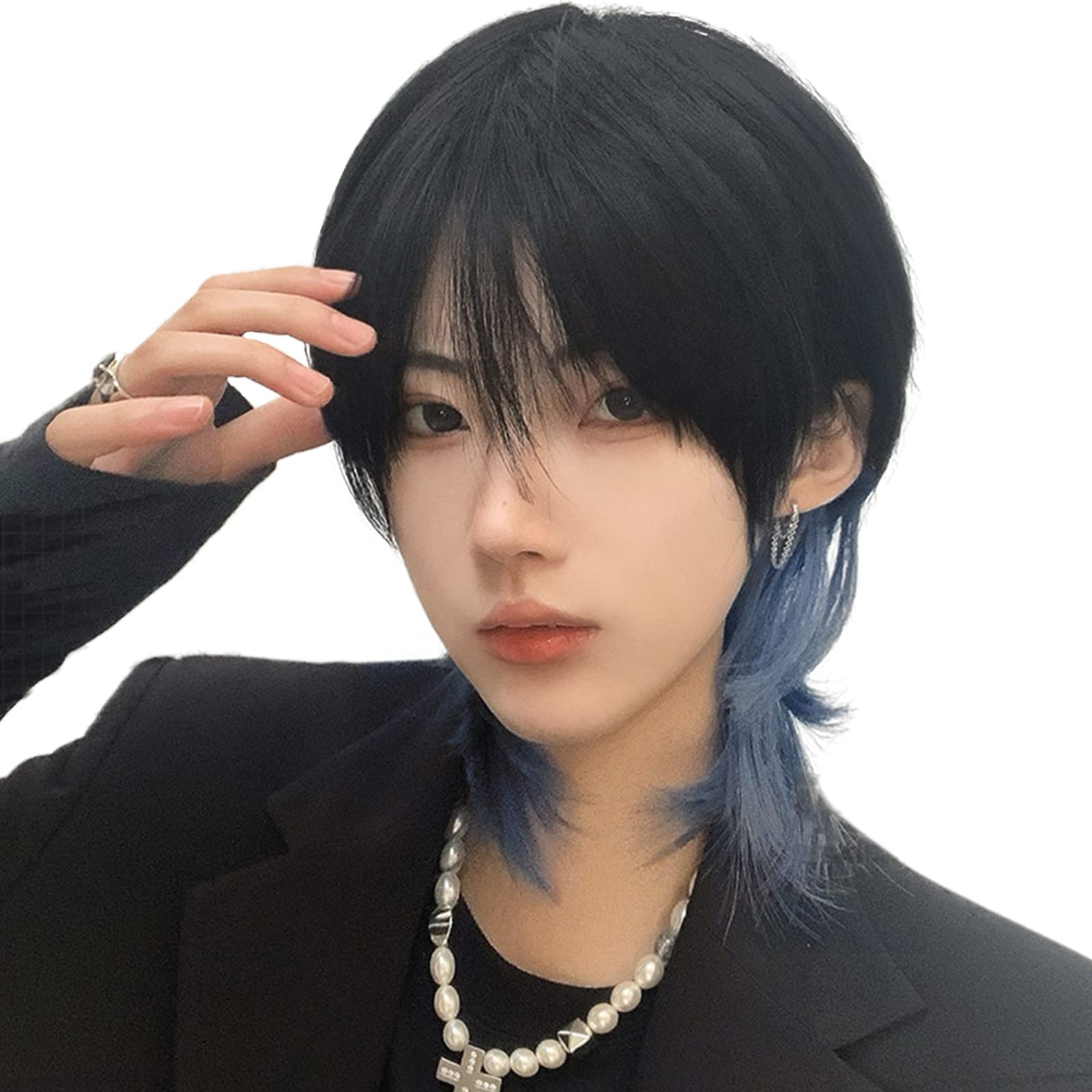【特価処分】FESHFEN 人工毛 ウィッグ メンズ かつら ショート ウルフ インナーカラー フルウィッグ 男装 黒 男性 原宿 イケメン ハンサム 自然 小顔 耐熱 人気 ファッション イメチェン 男女兼用 短髪 ネット/櫛付き ウルフーブルー