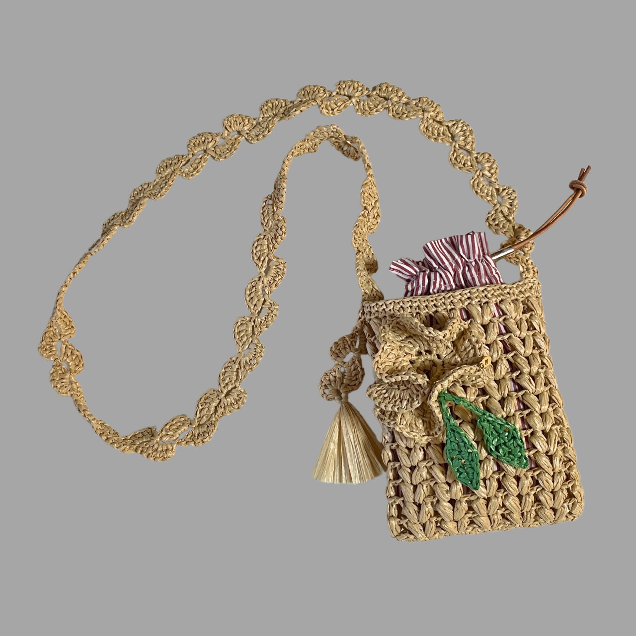 Raffia Pochette Natural with Flower  (インナーポーチ付)ラフィアのポシェットと選べるフラワーチャム