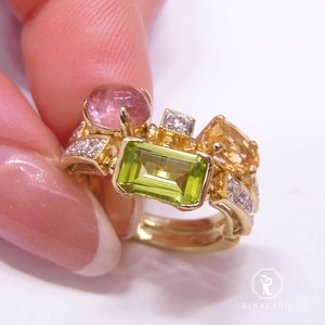 K18YG天然ペリドット、ピンクトルマリン、シトリンのビジューリング
