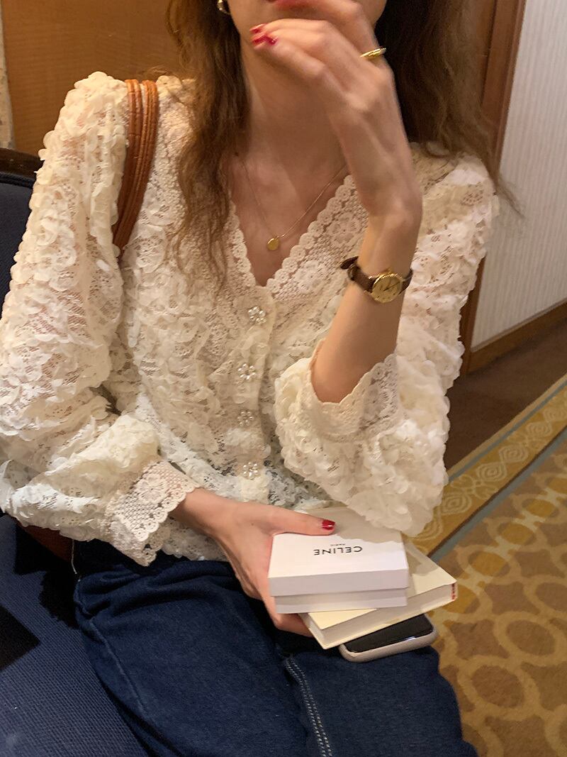 スタンダードレースVネックシャツ 薄手オータムトップス ロング レトロ 大人ガーリー スウィート キュート カジュアル 秋物 モンロー9635169510