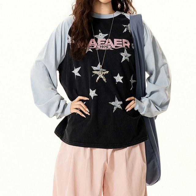 ユーズドライクレトロポップスターパターンラグランTシャツ 1col R02576