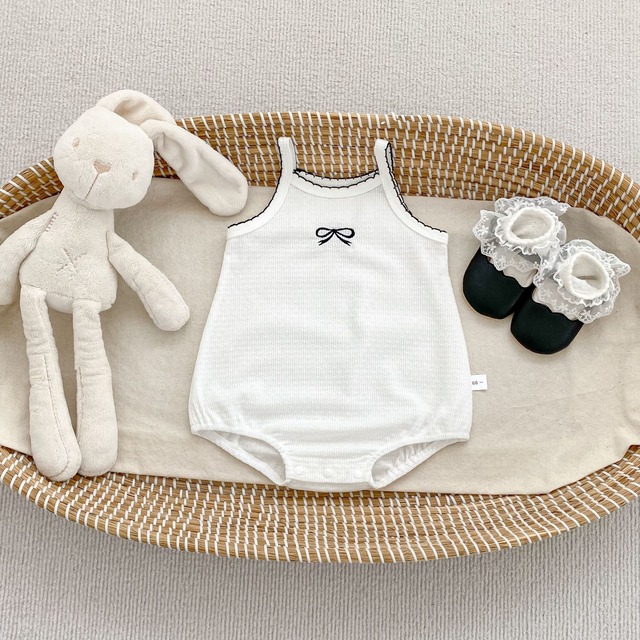 【BABY】配色パイピングリボンキャミソールロンパース - 4