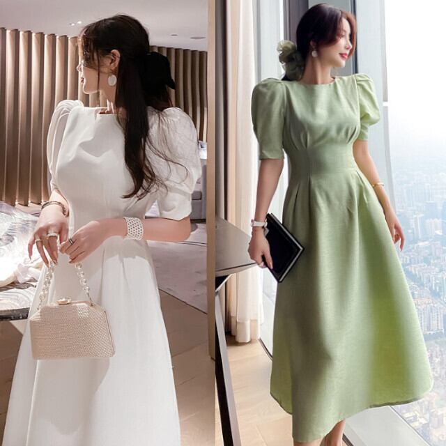 全2色 グリーン/ホワイト レディース ワンピースドレス パフスリーブ 半袖 フレアスカート Aライン ミモレ丈 ロング丈 S/M/L/XL