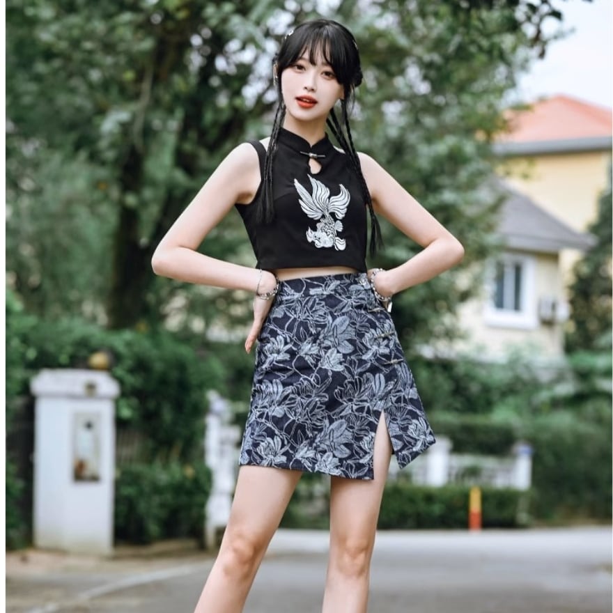 サブカル 服 地雷系 通販 チャイナ風服 チャイナ風服 古怪舎 チャイナ風 中華風 チャイナ服 ノースリーブ 刺繍 メタルボタン スタンドカラー 闇かわいい