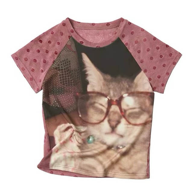 [Outtheblue] Sleeping Cat Vintage Velvet Dot T-shirt