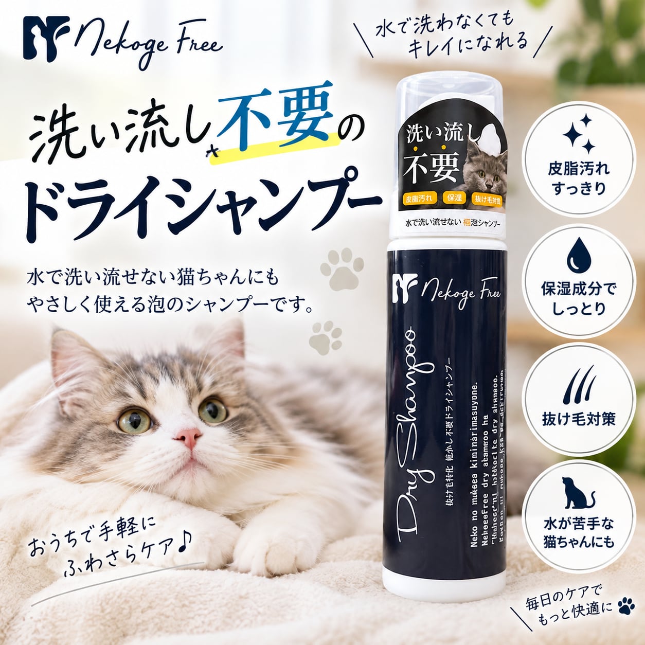 洗い流し不要！なのに…猫の抜け毛が気にならなくなる！？（微香料