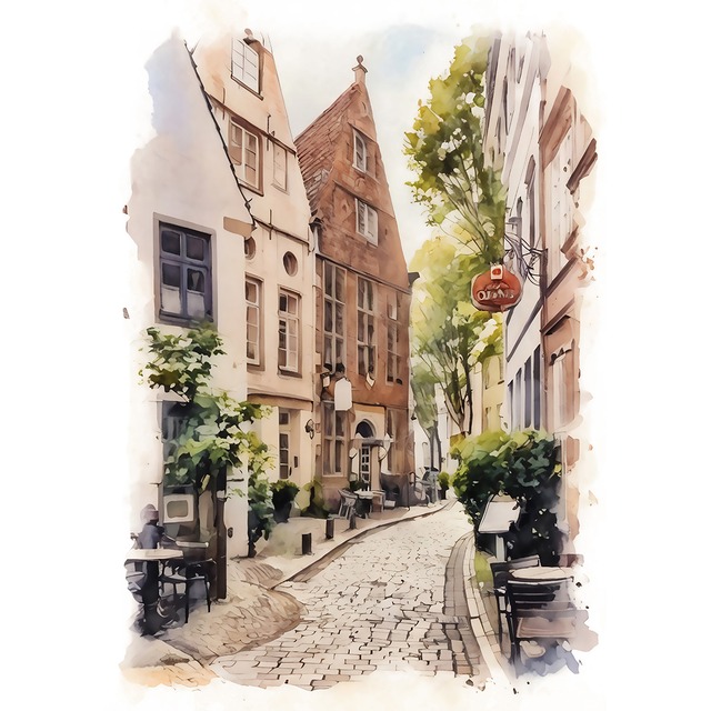 絵画 風景画(街並み) ドイツ ブレーメンの古い街並み インテリアアート額付き 水彩画・油絵調 WAT0552