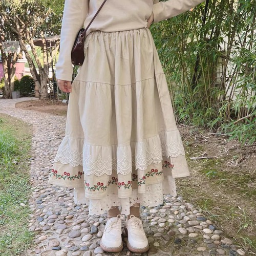 2色／レース貼りリブスカート ・8544