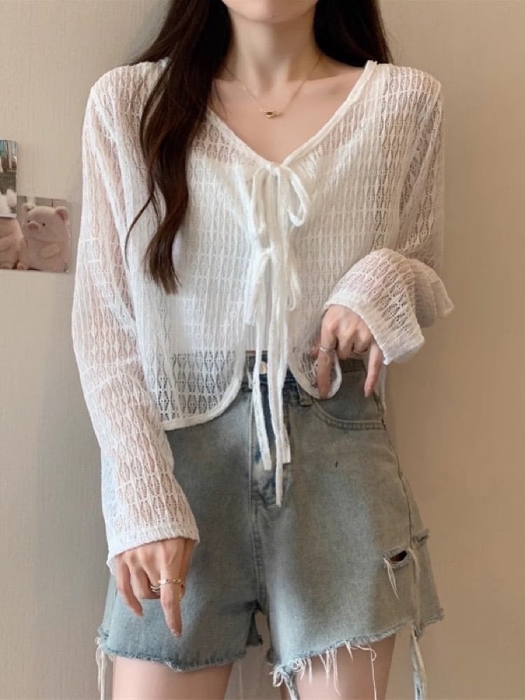 涼やかな透け感で抜け感スタイル 鍵編みレースカーディガン おしゃれ 上品 大人 カジュアル きれいめ 細見え 大きいサイズ 韓国 CH9955