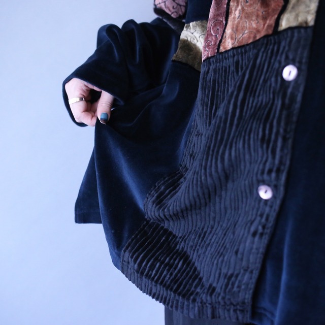 multi switching velours fabric open collar shirt