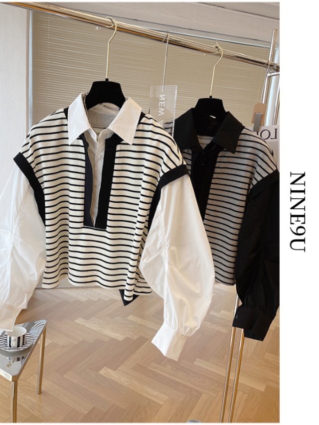 docking border knit＆blouse tops 2color【NINE5843】