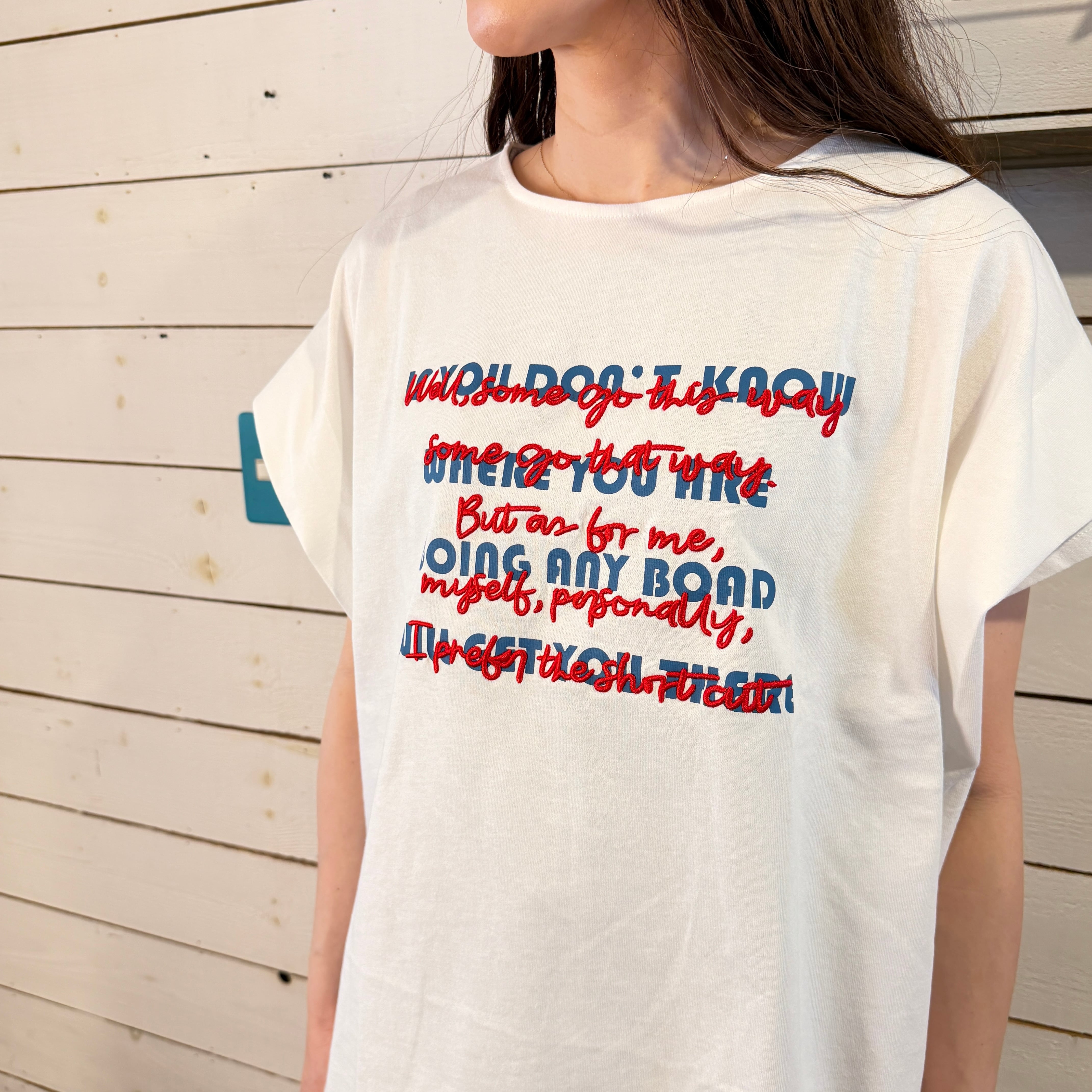 『People's』2946  天竺重ね文字ロゴ刺繍Tシャツ　フリーサイズ