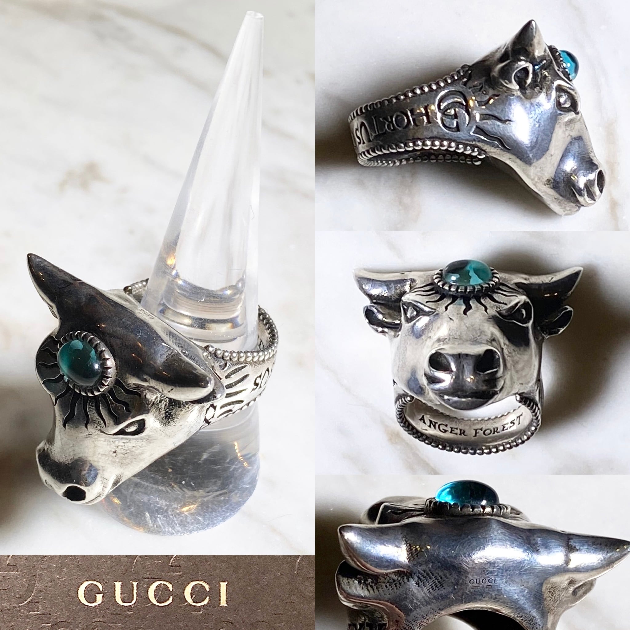 GUCCI silver bull head ring set with green stone “anger forest 