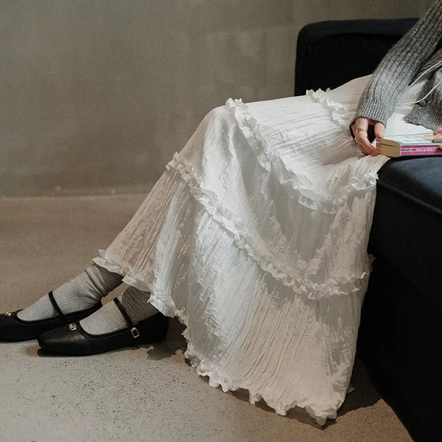 ワッシャー生地フリルティアードフレアースカート　　0821