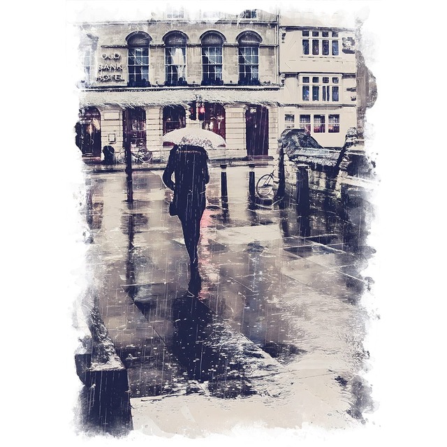 絵画 風景画(街並み) イギリス 雨のオックフォードを歩く人 インテリアアート額付き 水彩画・油絵風 WAT0880