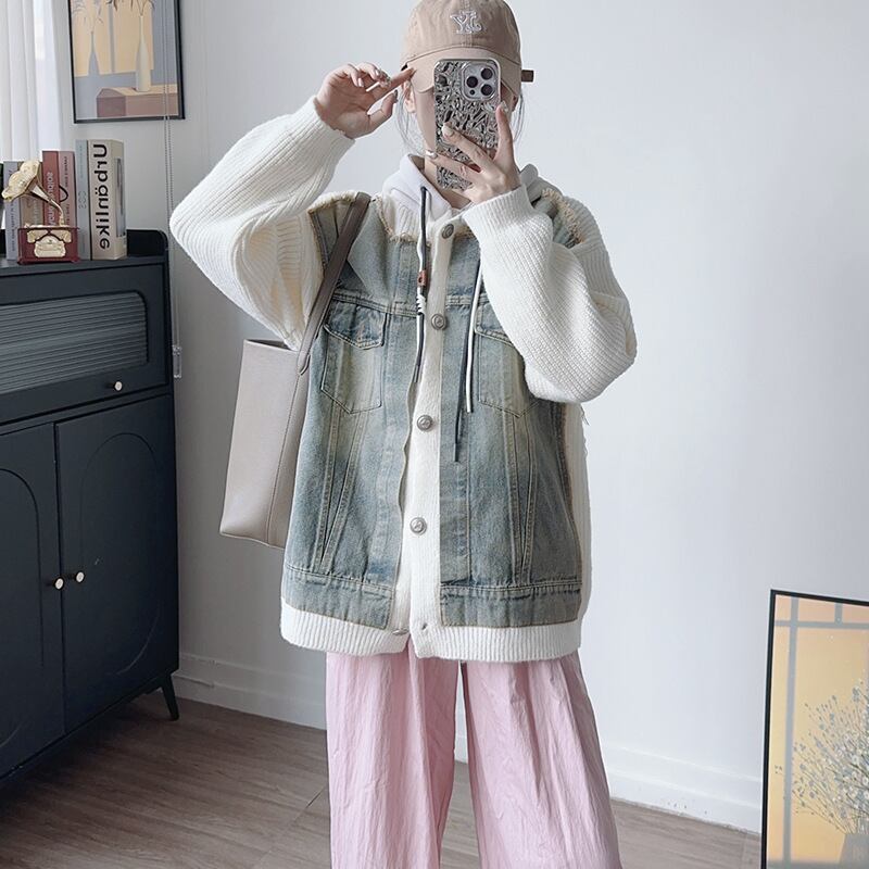 【outer】フード付きデニムドッキングニットジャケット Q6479