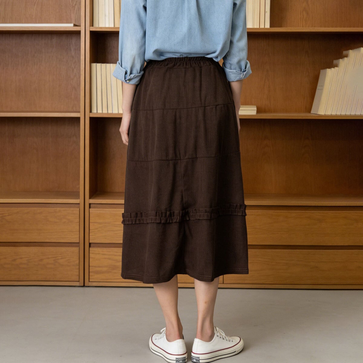 ティアード スカート コーデュロイ Aライン レディース 春秋冬 韓国 ロングスカート きれいめ 大人 かわいい おしゃれ シンプル ハイウエスト ミモレ丈 ウエストゴム 大人可愛い 大人女子